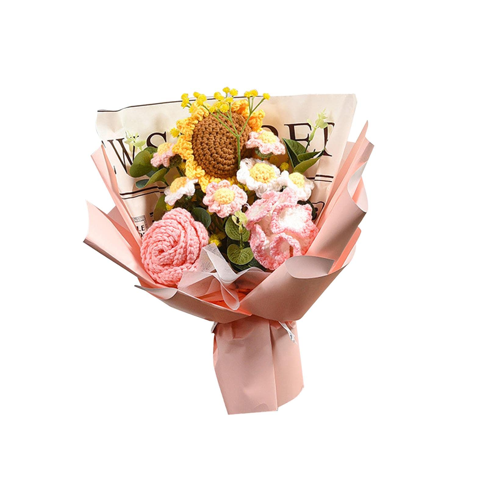Harilla Completed Crochet Flowers Bouquet Artificial Flowers Knitted Rose Daisy Birthday Valentine's Day Gift DIY Home Decor,Pink A-35cmx27cm — image 1