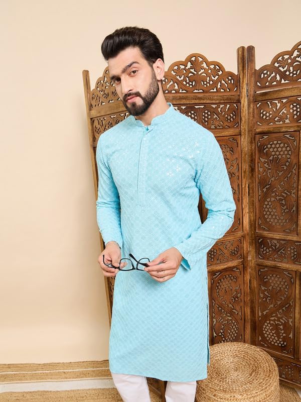 Image of Men's Viscose Rayon Solid Embroidered Long Straight Kurta | Men's Kurta | Embroidered Chikankari Kurta for Men | Straight Fit Kurta for Men