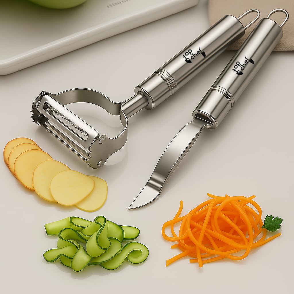 Top Chef Duo 2-Piece Peeler Set – Stainless Steel Julienne, Serrated and Straight Peelers