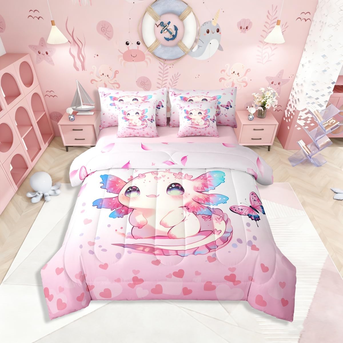 Kids Cute Axolotl 7 Pcs Bedding Set Twin Size,Pink Cherry Blossoms Bed in a Bag,Flying Butterflies Bed Set Includes Comforter,Sheet Set,Pillowcases & Pillow Covers,Cartoon Ocean Animal Bedroom Decor