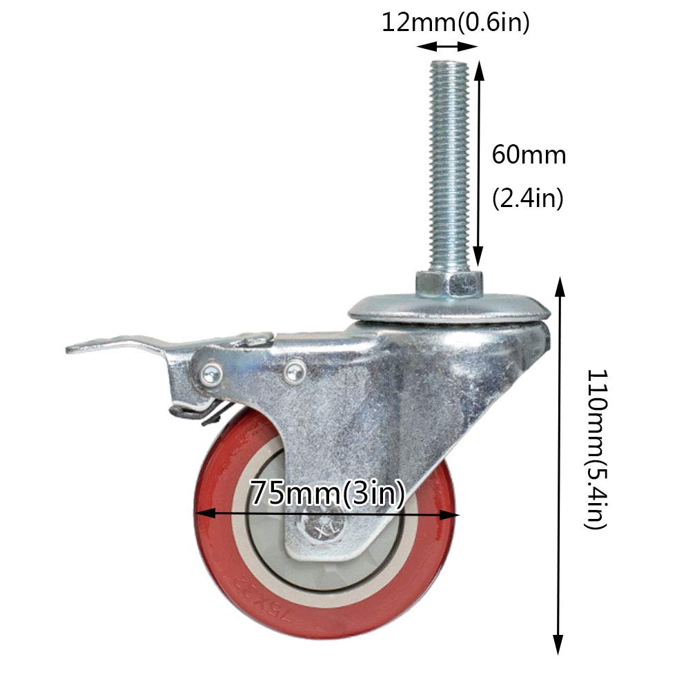 Jeu de 4 roulettes pivotantes 3 ''/4'', tige filetée M12 x 60 mm, roulements à billes pouvant pivoter à 360 degrés