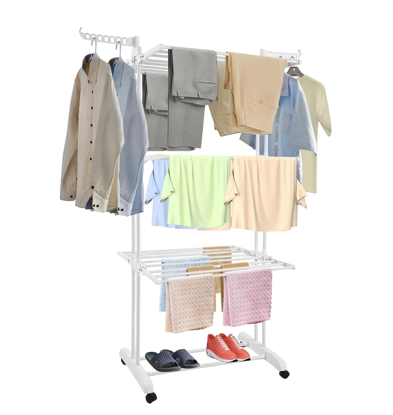 FERNVALE 4-Tier Clothes Drying Rack with Foldable Wings & Wheels, Large Capacity Laundry Rack with Brake Casters, Collapsible Stainless Steel Garment Dryer Rack for Indoor Outdoor Laundry Room, White
