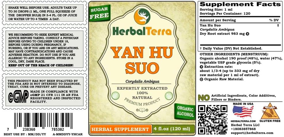 Yan Hu SUO (Corydalis Ambigua) Tincture, Dried Roots Liquid Extract (Brand Name: HerbalTerra, Proudly Made in USA) 2x4 fl.oz (2x120 ml)