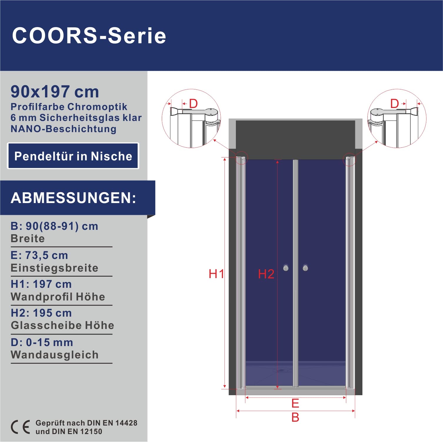 Duschtür Glas Nische Pendeltür Dusche 90 cm Verstellbereich 88-91 cm Höhe 197 cm Duschabtrennung Nischentür Chromoptik 6 mm Sicherheitsglas klar mit Nanobeschichtung