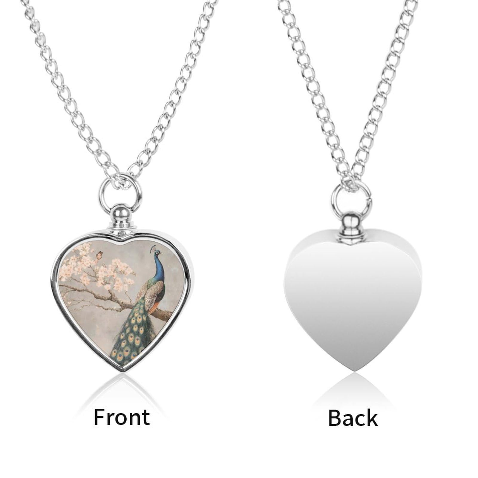 Peacock Cherry Blossoms Small Ashes Necklace for Dog/Cat Heart Keepsake Pendant Cremation Jewelry
