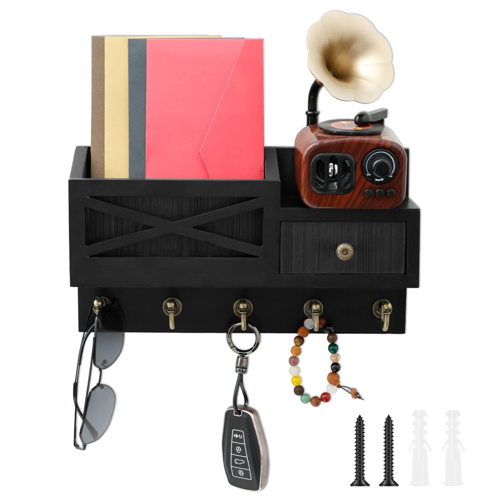 Key and Mail Holder for Wall Key Hanger with Mail Organizer and Drawer for Entryway Mudroom Hallway Bedroom Kitchen Office, Wall Mounted Multifunction Apartment Essentials for Mail Keys Sunglass