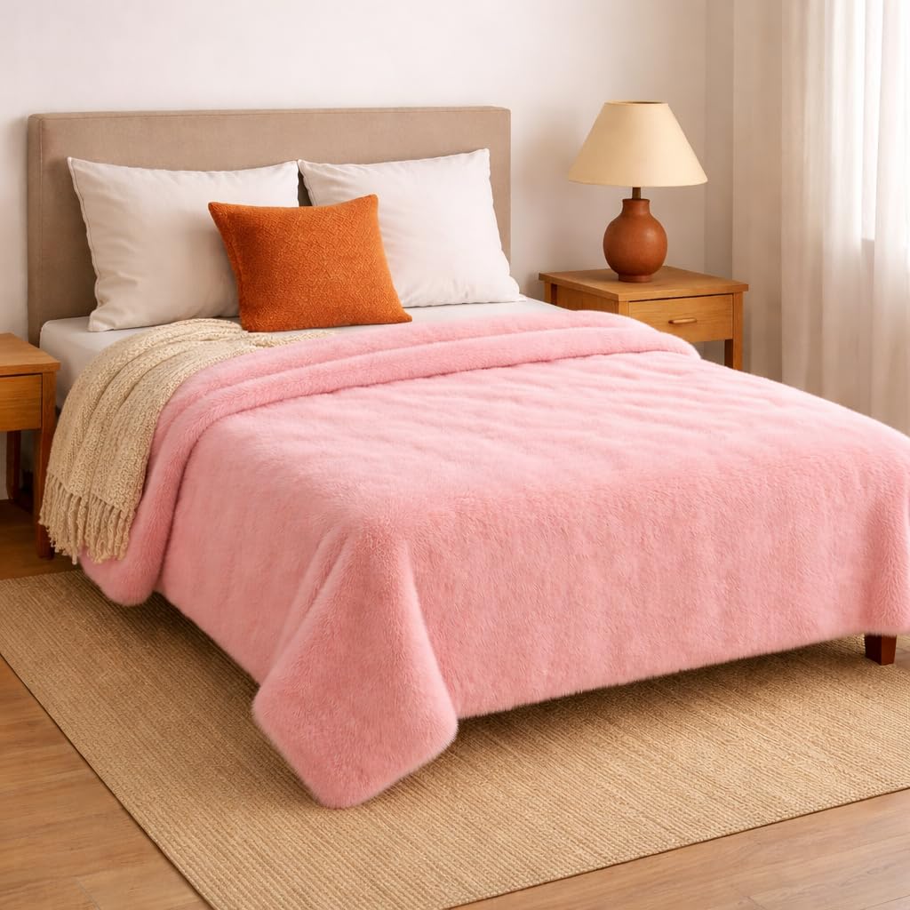 BBS Home Luxury Rabbit Faux Fur Blanket | 500 GSM Super Soft, Heavyweight, Fluffy Throw for Bed & Couch | Elegant & Warm Winter Blanket (Size - 230 x 240 cm, Colour - Blush Pink, Bag Packing)-image-42