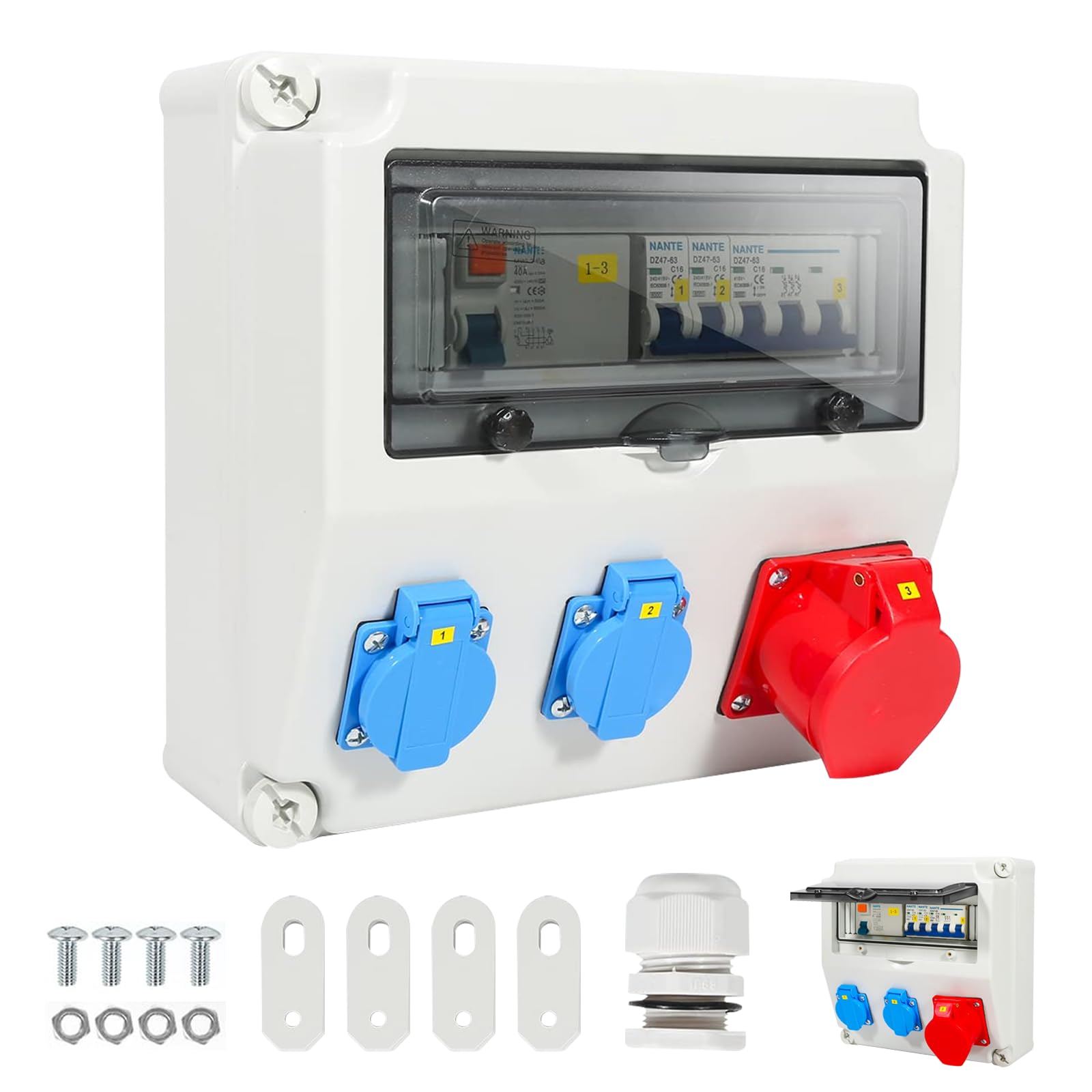 Caja Distribución Montada Superficie, Caja Fusibles Superficie Armario Distribución Ip65 con LS+FI Distribuidor de Corriente CEE 1 x 16 A + 2x 230 V con Tapa de Seguridad para Talleres y Fábricas