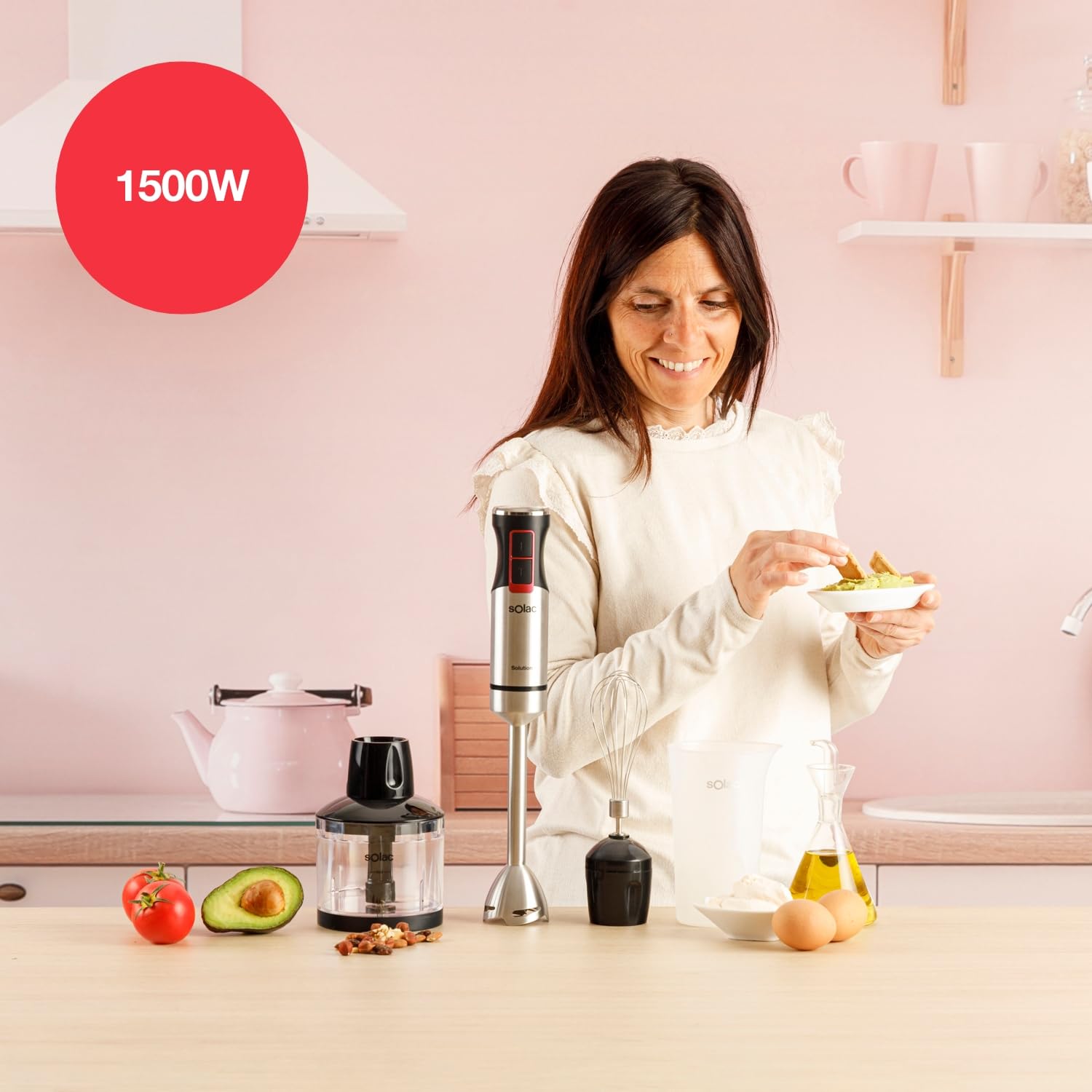 Solac Solution mikser ręczny 1503, 1500 W, 4 ostrza ze stali nierdzewnej | pręt ze stali nierdzewnej | Turbo | ergonomiczny, odporny na zachlapanie, zdejmowany, zmywarka, w zestawie akcesoria