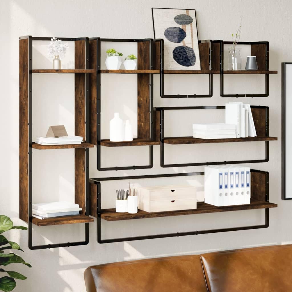 Set di 6 mensole da parete sospese con aste in metallo, legno di rovere affumicato, dimensioni per scaffale da 30 x 25 x 65 a 65 x 100 x 30 cm, per cucina, bagno, corridoio, ufficio