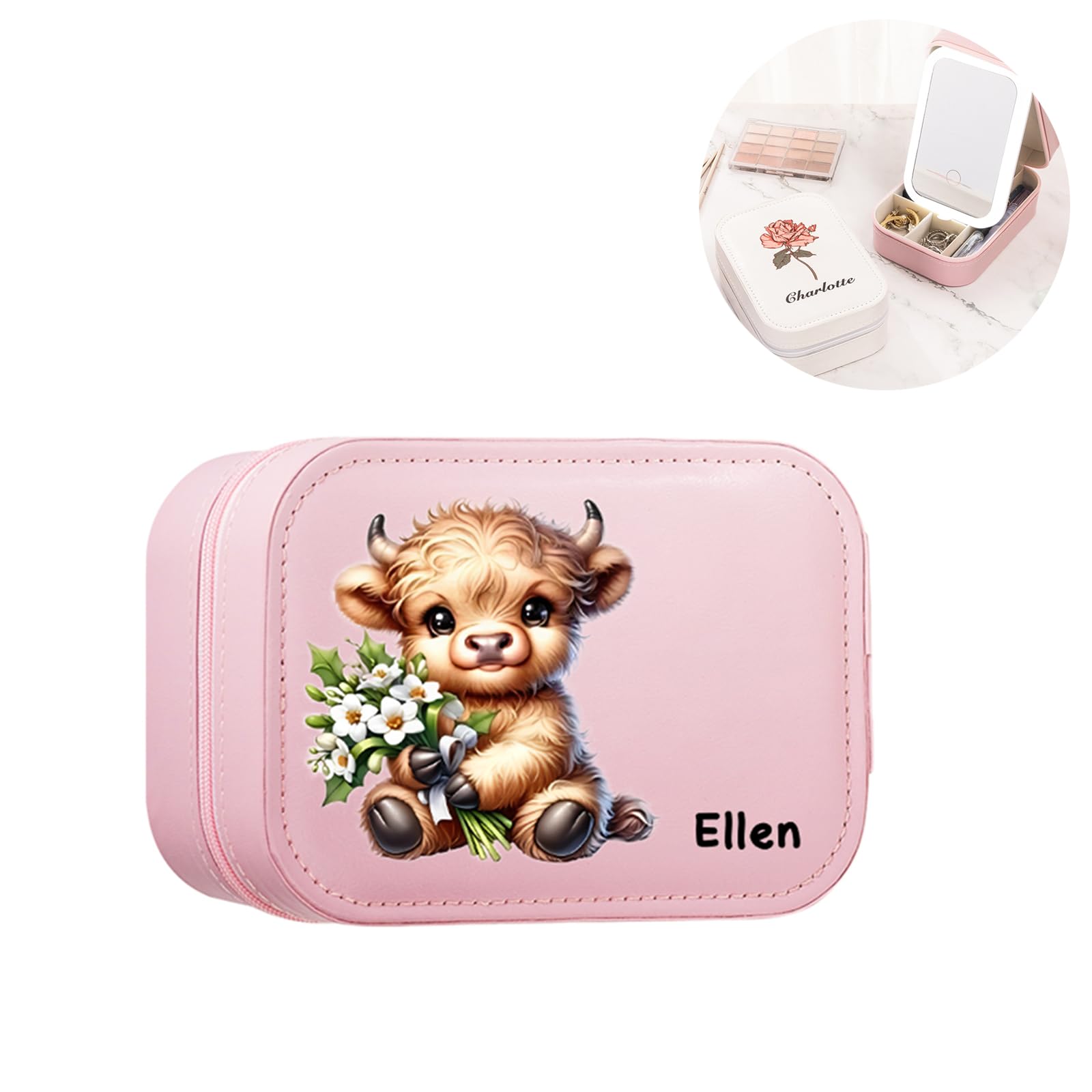 Cherbijou Personalized Leather Jewelry Box With LED Mirror - Birth Flower & Name, Travel Essential - View #4