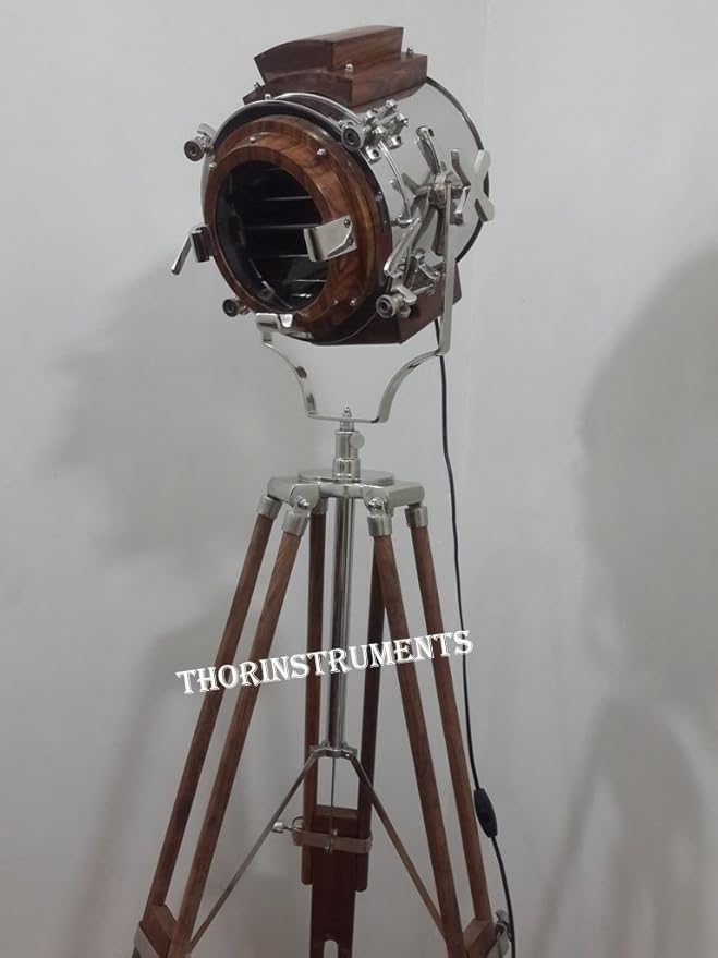 THOR INSTRUMENTS THOR INSTRUMENTS Chrome Light Focus Spotlight Searchlight with Heavy Wooden Tripod Stand Floor Lamp Rustic Vintage Home Decor Gifts photo 2