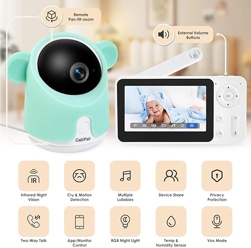 Miniatura 2 de Monitor de bebé con cámara y audio, 1080P Baby Camera Monitor WiFi Smartphone App Control Visión Nocturna Pantalla de 4.3 "Pantalla de 2 vías de