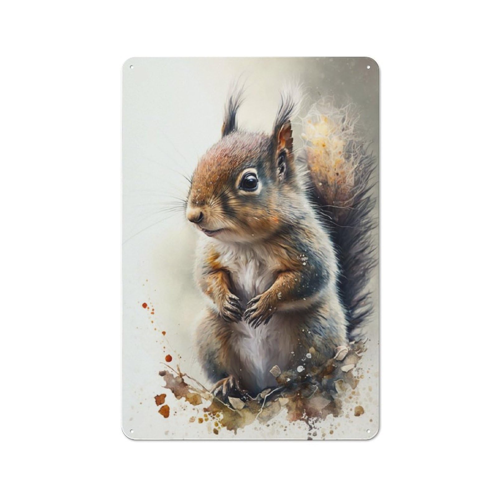 Junmoney Squirrel Watercolor Sketch Retro Tin Wall Plaque 30X20cm Featuring For Pub Or Café, New-Space Wall Decor For Pub Decor Enthusiasts