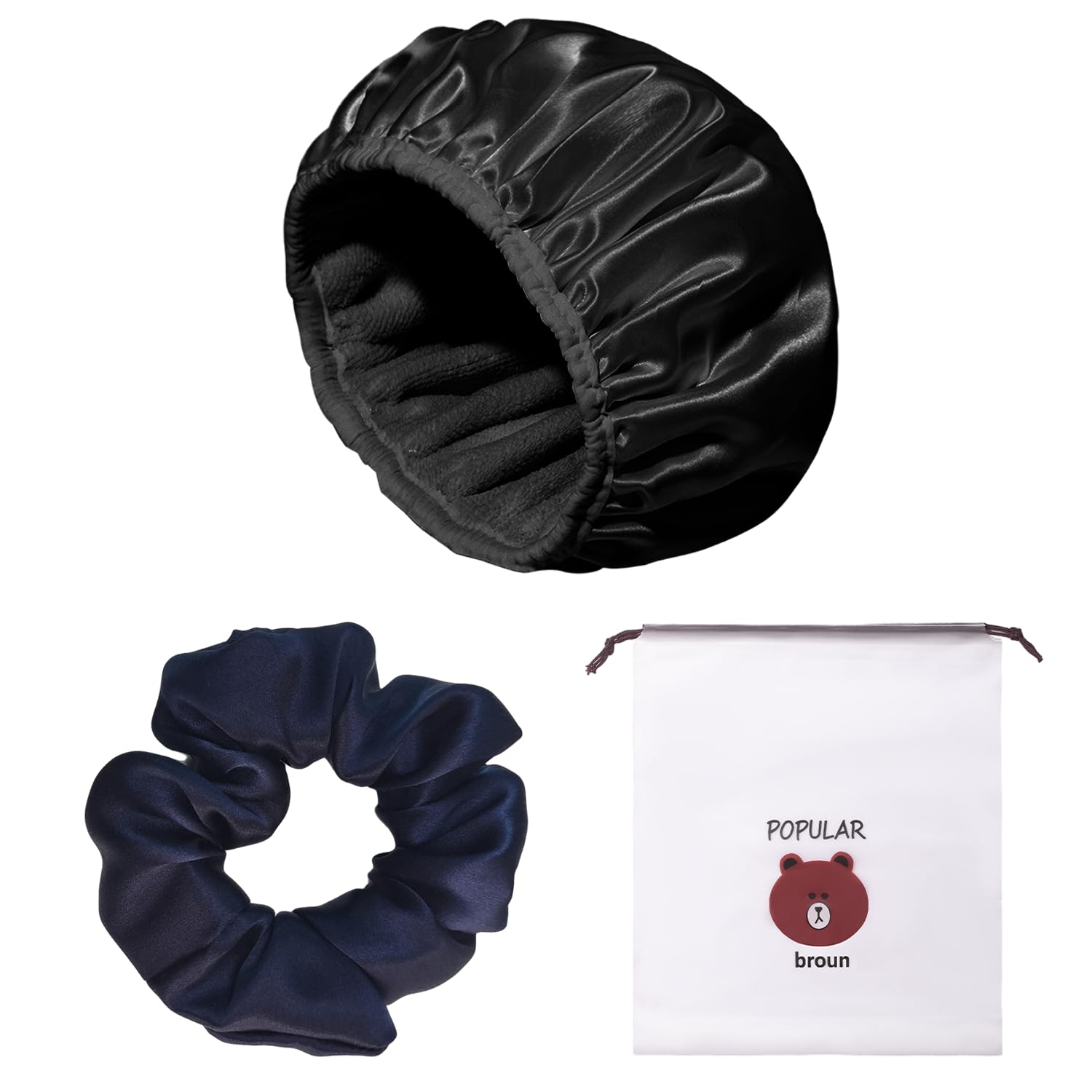 1 gorro de ducha de tres capas con 1 goma para el pelo y 1 bolsa de almacenamiento, gorro de ducha para mujer, niña (negro)