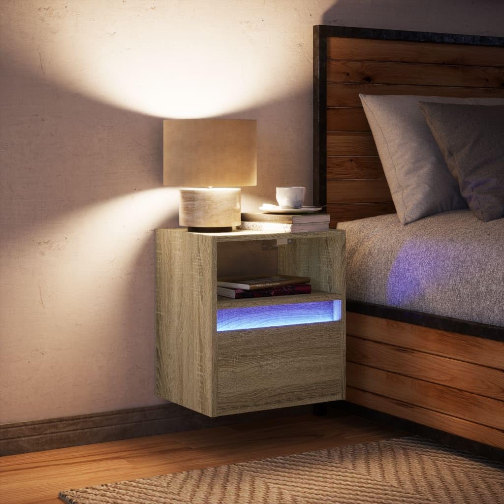 YUANCHUTOP LED Wall Cabinet with Drawer & Open Shelf, Floating Nightstand for Bedroom - Small Bedside Table for Office Bathroom Kitchen Floating Bedside Cabinet Brown