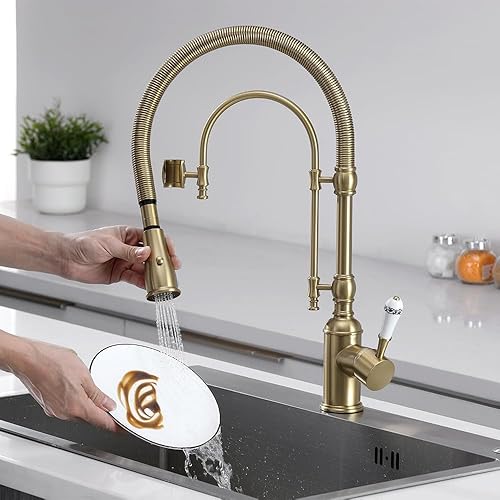 Miniatura 6 de KunMai Grifos de cocina de oro cepillado grifo de fregadero de cocina con rociador extraíble de arco alto grifo de cocina de doble modo