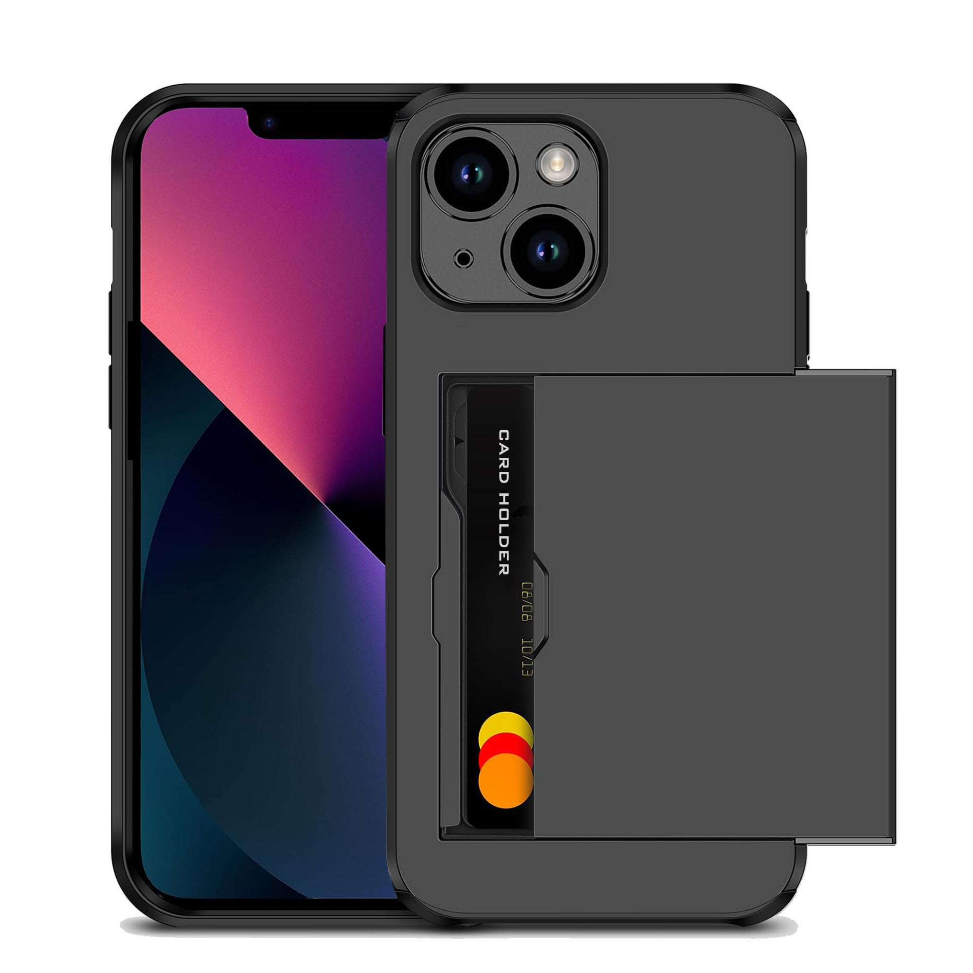 for iPhone 13 Case with Card Holder iPhone 13 Wallet Case for 2 Cards Dual Layer Heavy Duty Shockproof Hidden Sliding Card Slot Slim iPhone Cover for iPhone 13 6.1’’ for Men Black