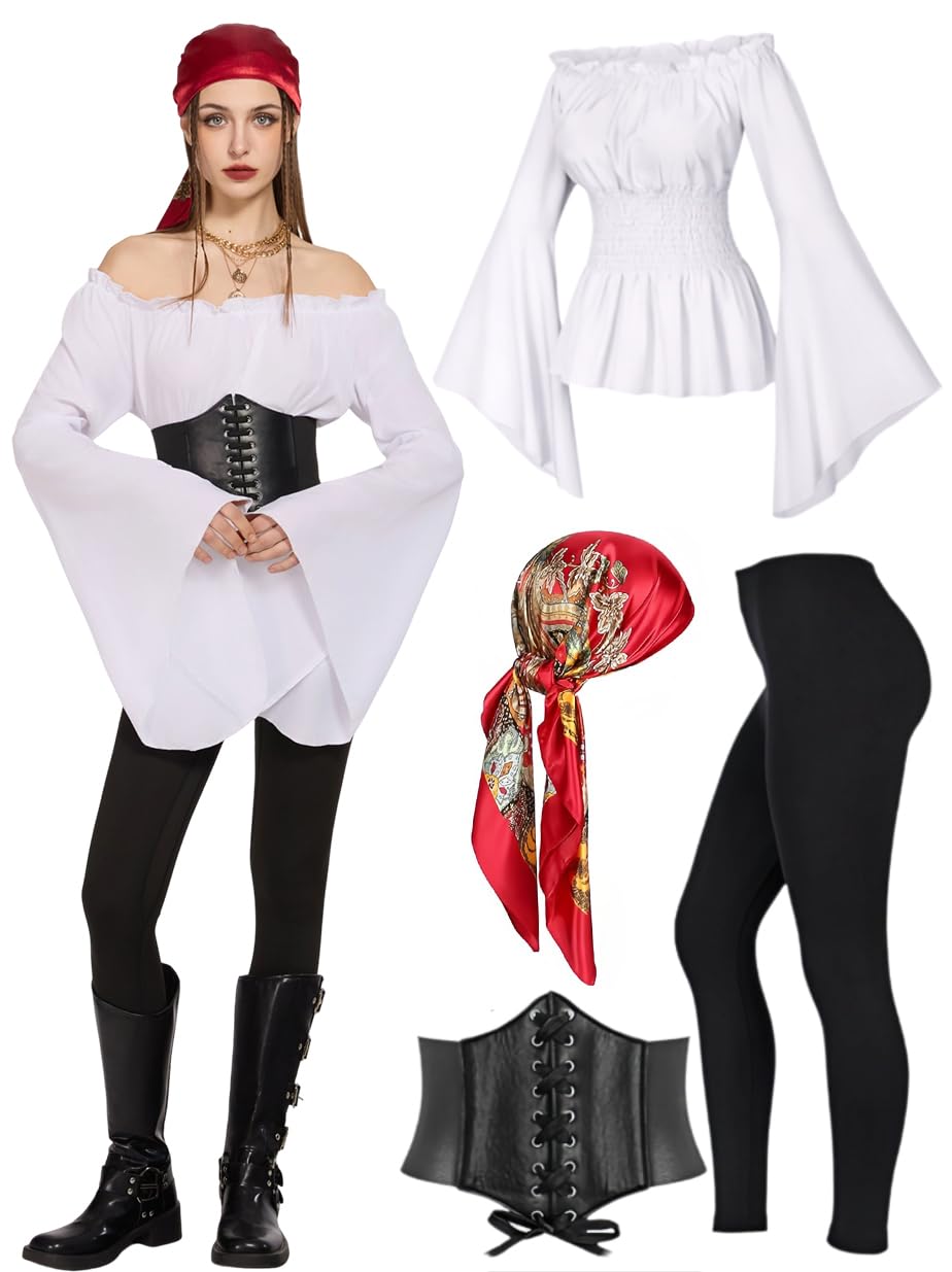 kasahara Disfraz de pirata para mujer, juego medieval de piratas con blusa, corsé, leggings, pañuelo para la cabeza, disfraz completo de carnaval