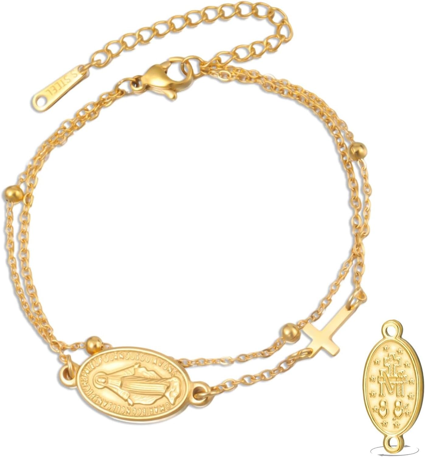 Wuufake Dispositivo portátil: pulsera doble cara con medalla de la Virgen de Guadalupe para hombre, cordón trenzado artesanal, joyería católica cristiana religiosa arte, gold 8