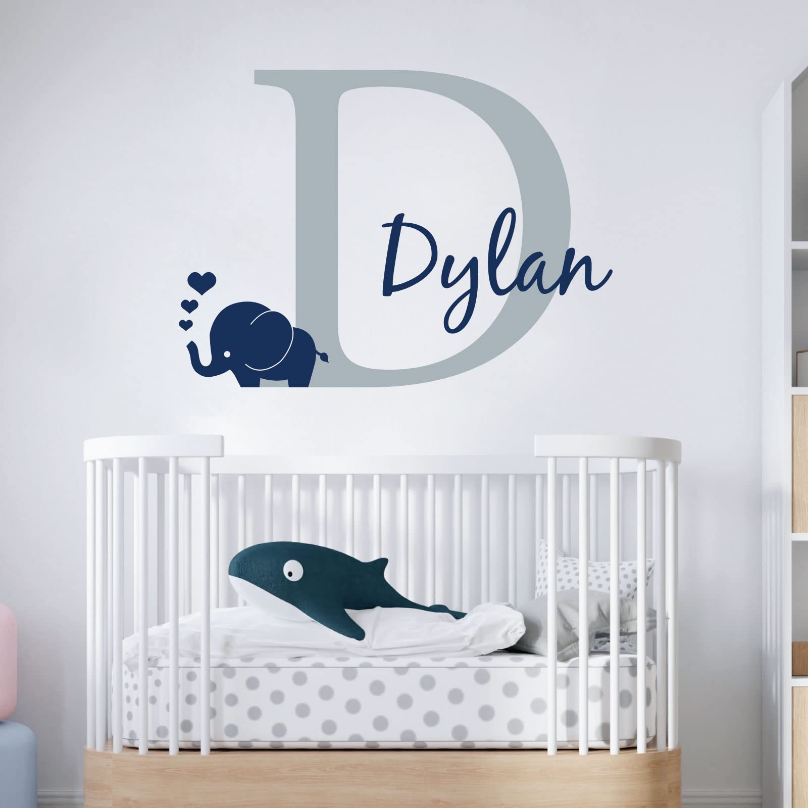 Personalised Baby Girl/Boy Name with Initial Letter and Baby Elephant, Hearts - 2 Colours [Large] [Silver]