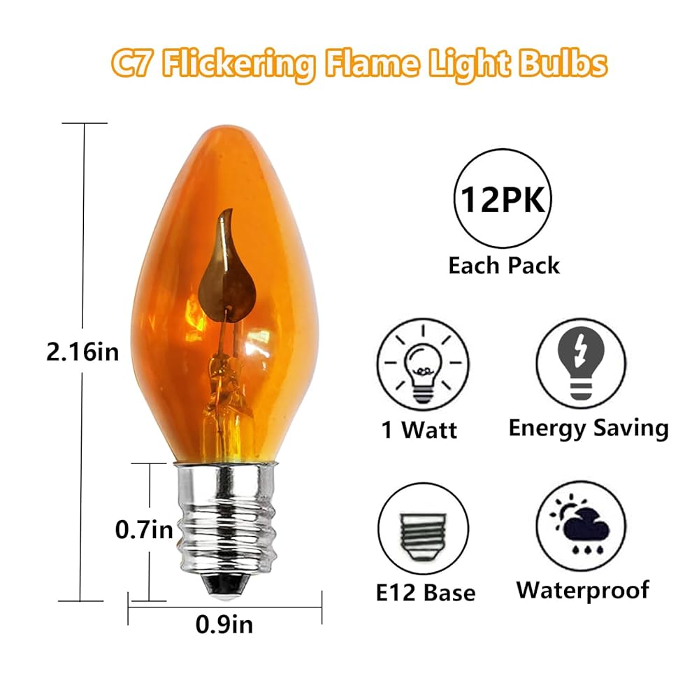 Halloween Flickering Flame Light Bulbs, C7 Orange Flicker