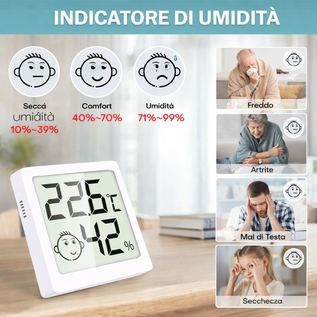 Igrometro Digitale per Interni, Mini Termometro Ambiente con Monitor Temperatura e Umidità, Indicatore Comfort, per Casa, Ufficio, Camera da Letto e Cucina