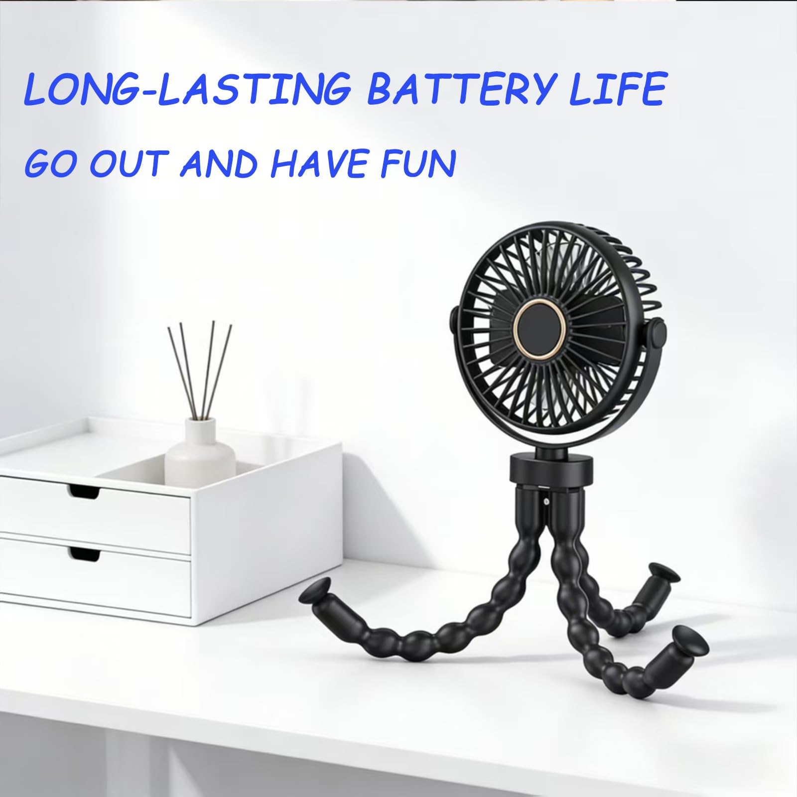 Ventilateur USB portable multi-scène, ventilateur flexible avec ventouse et fonction de suspension, 3 vitesses et rotation à 360° pour poussette, table, mur, voiture (noir)