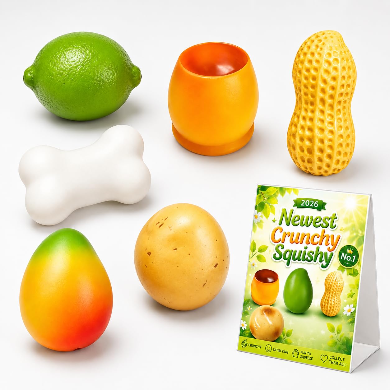 OKESYO 6PCS Crunchy Squishy Peanut Mango Soap Potato Pudding Stress Ball, ASMR Bead Filled, Slow Rising Squeeze Realistic Food Shape Squishies, Gifts for Adults — image 1