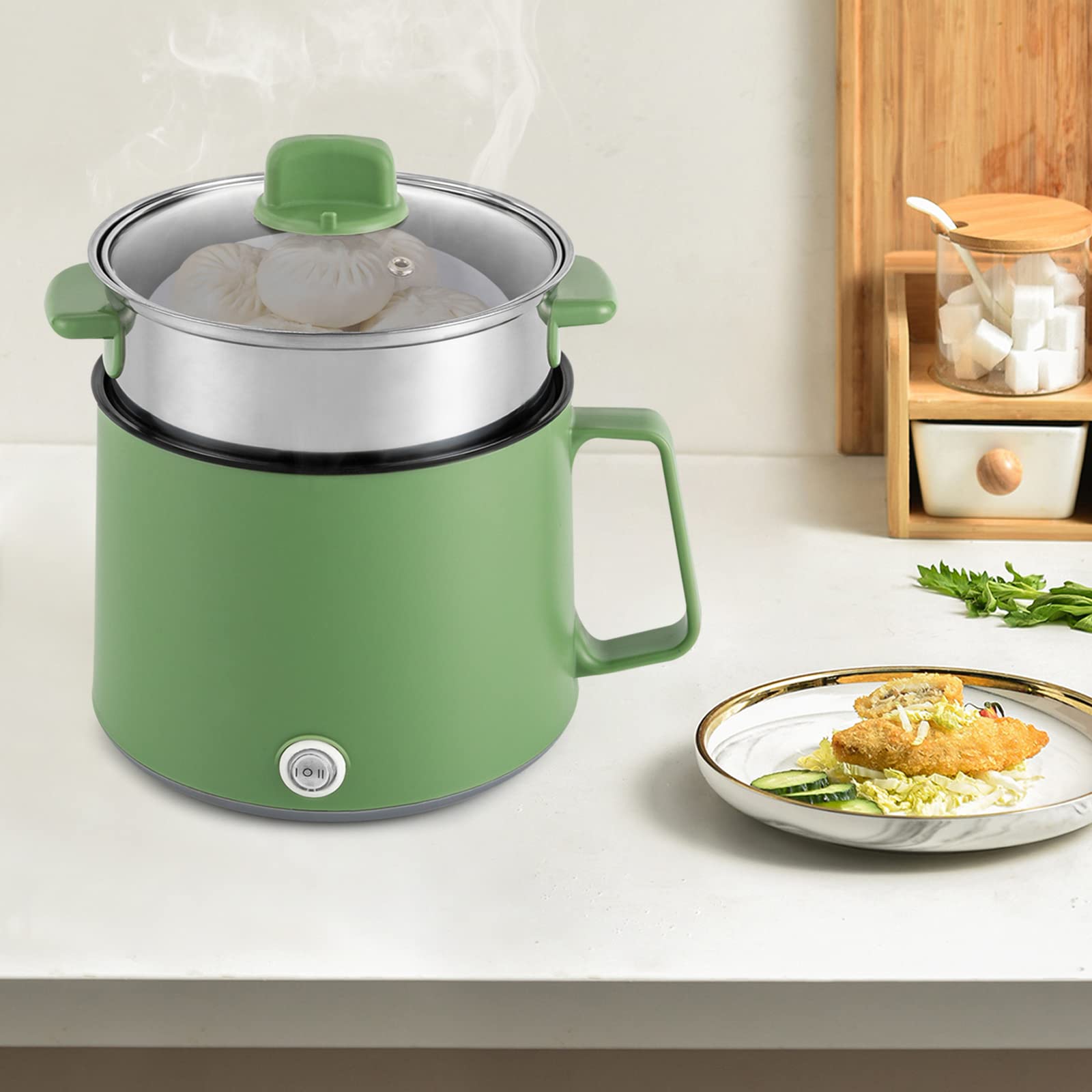 Olla eléctrica de 600 W, olla caliente ramen, olla antiadherente con cesta al vapor, sartén eléctrica portátil multiusos para el hogar, la oficina y el dormitorio universitario (verde)