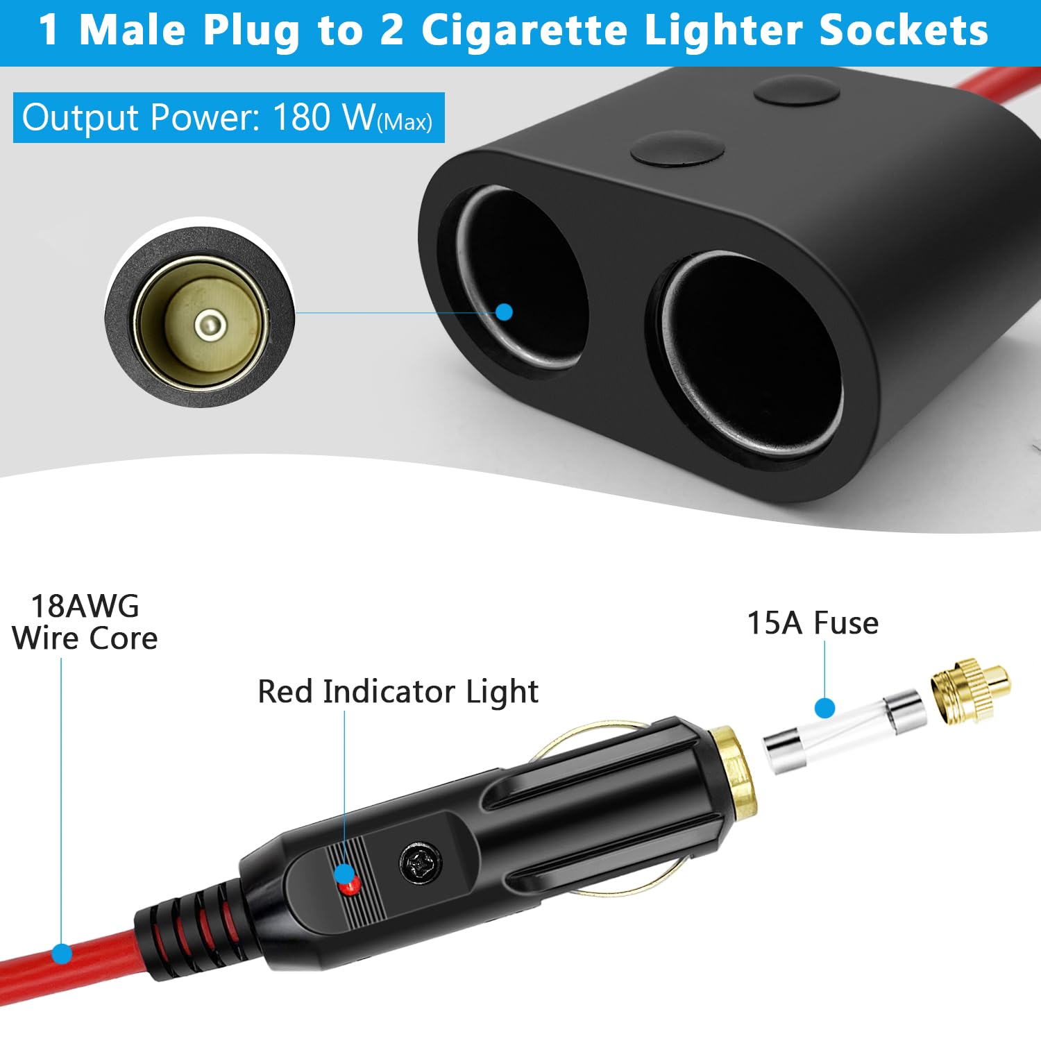 Rozdzielacz zapalniczki samochodowej 180 W, duża moc, 1 wtyczka na 2 gniazda zapalniczki 18AWG, 12 V/24 V, podwójny port USB, ładowarka samochodowa do samochodów, SUV-ów, ciężarówek