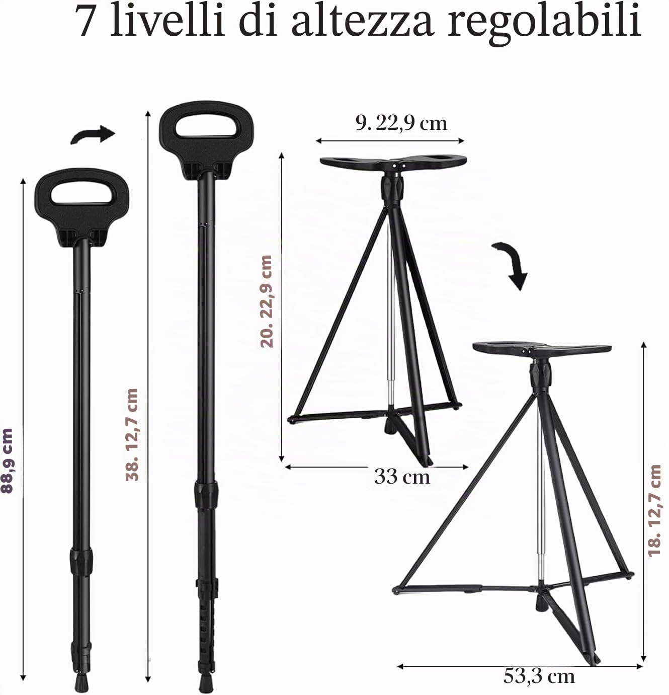 ALEVMOOM Bastone da passeggio con sedile pieghevole leggero, sgabello 2 in 1 per adulti, bastone da passeggio in alluminio con sedile, sgabello portatile per anziani, con borsa per il