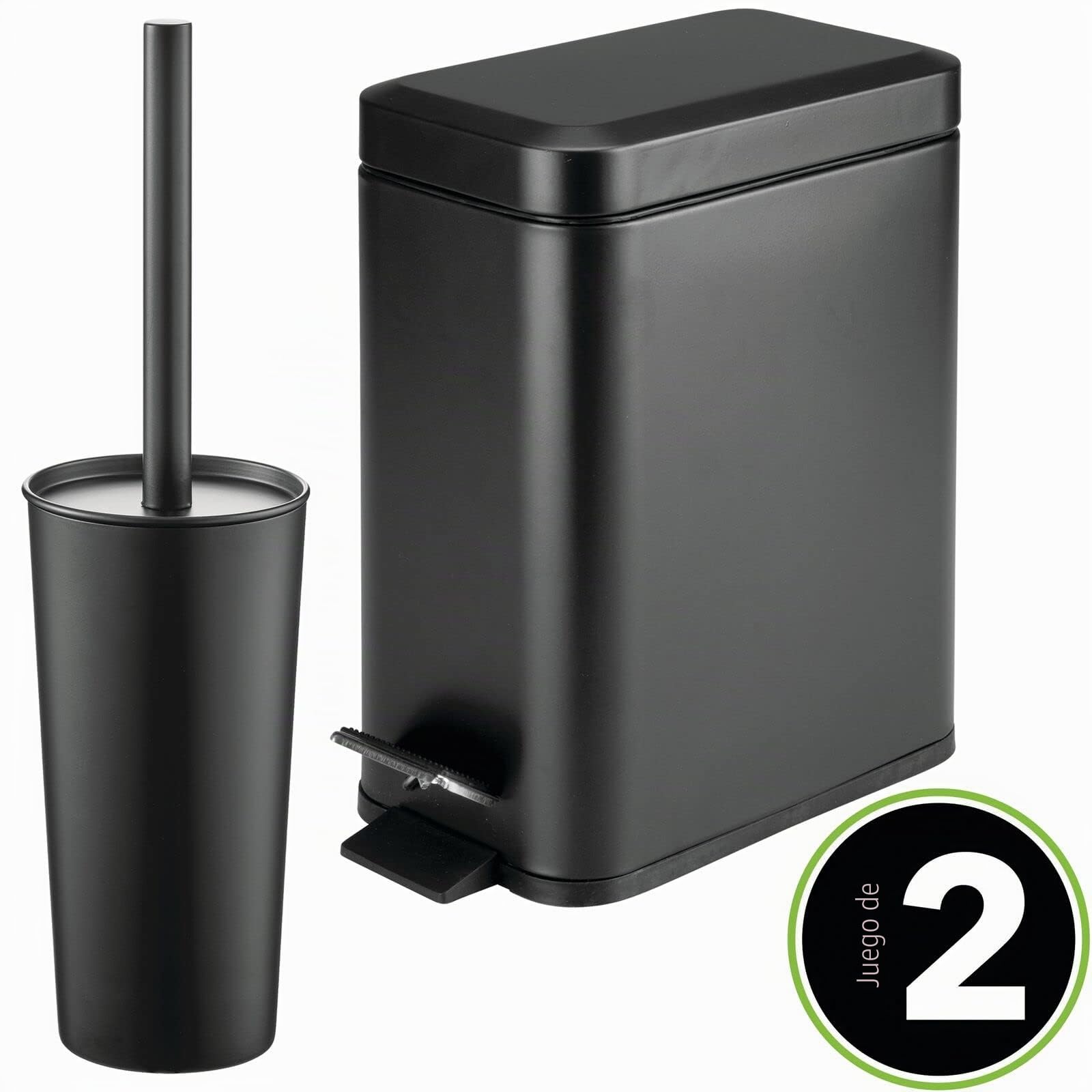 mDesign Escobilla y Soporte para Inodoro Independiente y Cubo de Basura Rectangular para Almacenamiento de baño, Color Negro