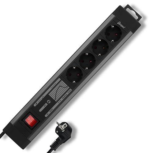 REV SupraGuard Steckdosenleiste 4-Fach - Mehrfachsteckdose mit Schalter, 2,5m Kabel, Überspannungsschutz & Netzfilter, anthrazit-schwarz