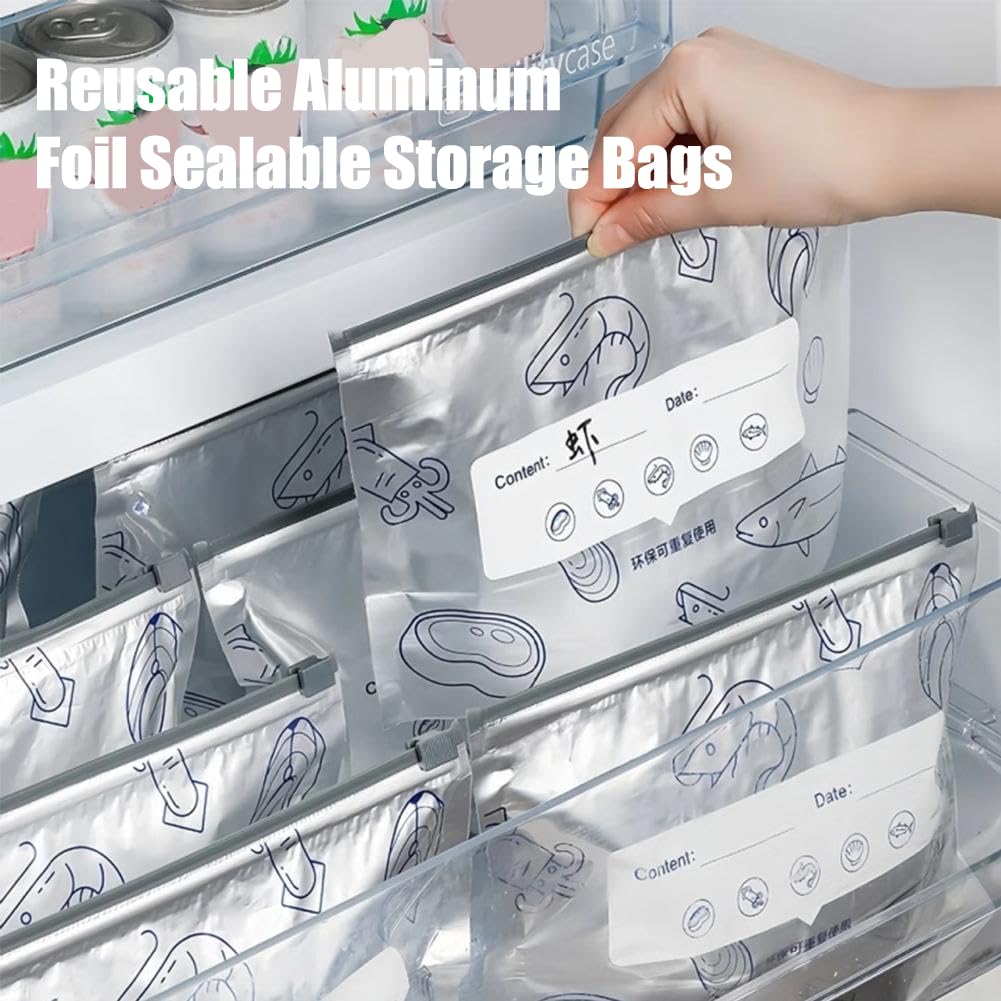 30 bolsas de almacenamiento reutilizables de papel de aluminio sellables, bolsas de papel de aluminio con etiqueta y cierre de cremallera, 3 tamaños, bolsas sellables de papel de aluminio, a prueba de