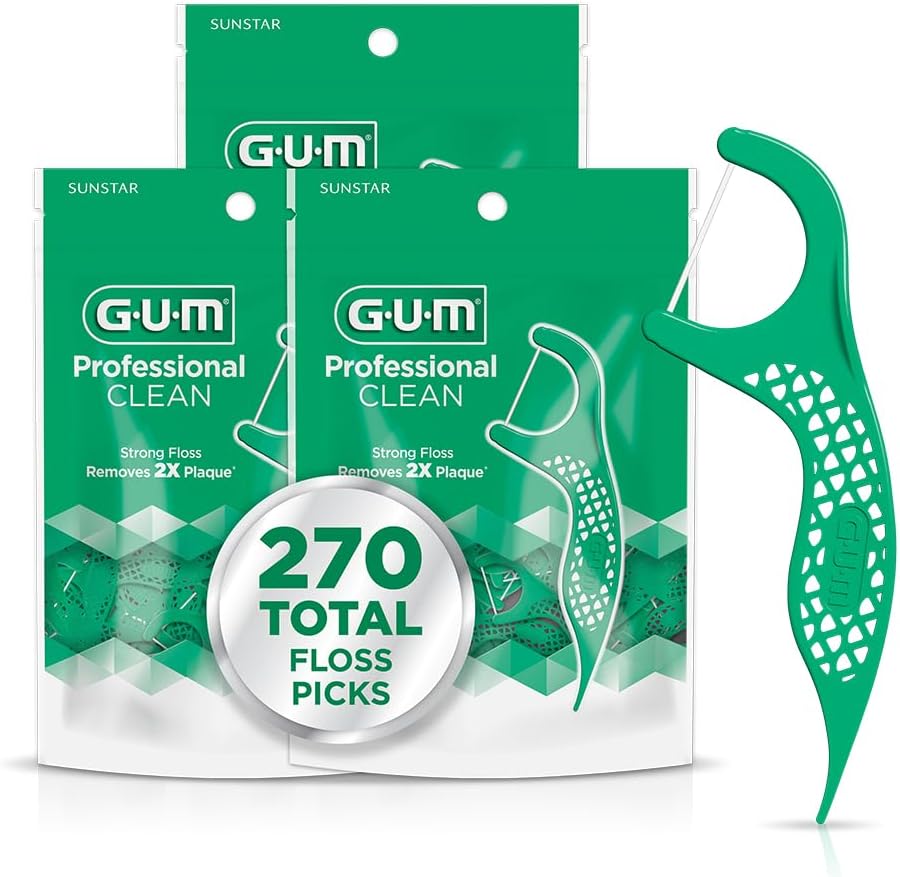 GUM Professional Clean Floss Picks - Extra Strong Shred-Resistant Floss, Easy Grip Handle - Dental Flossers for Adults - Fresh Mint Flavor, 90 Count (Pack of 3) 270 Total