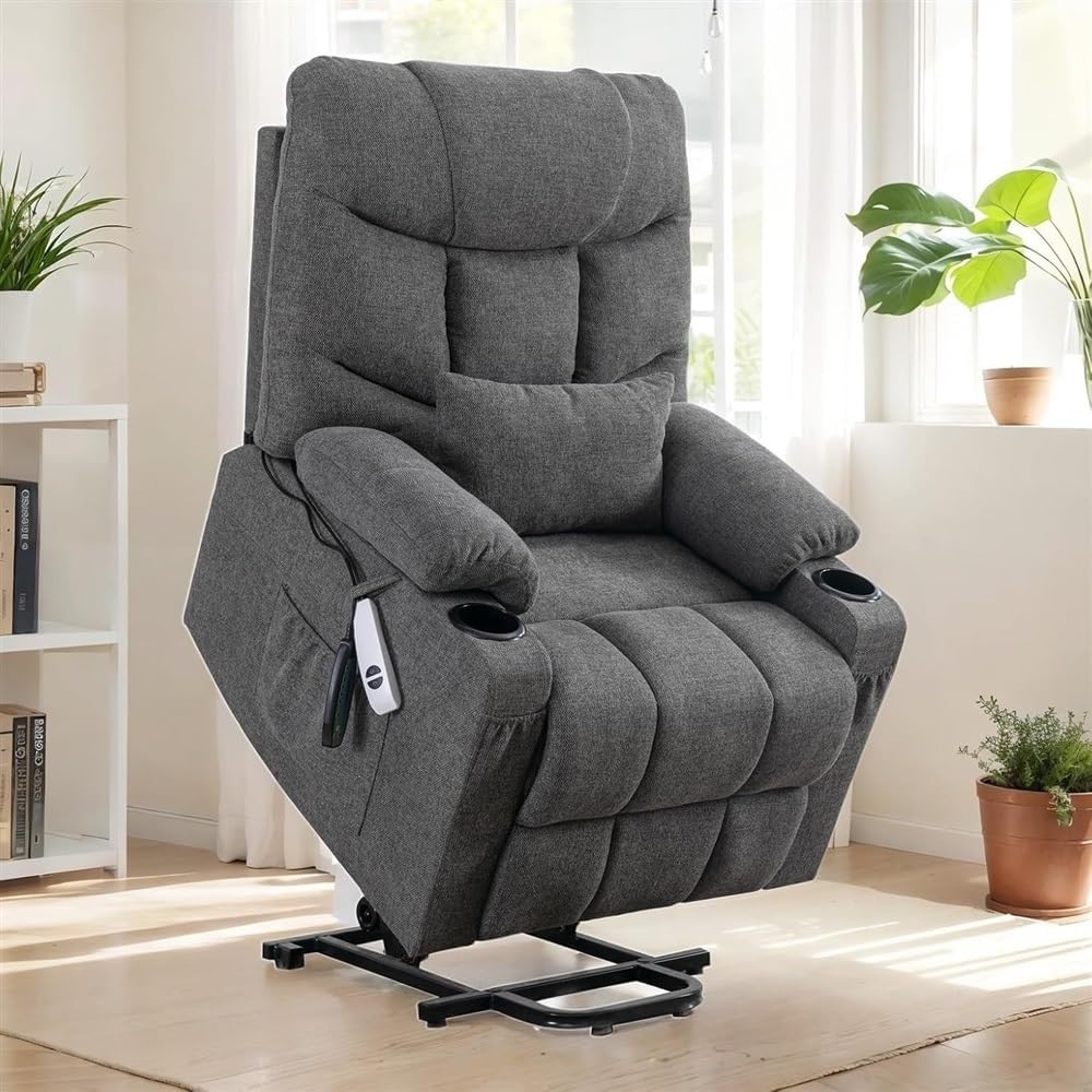 Recliner Chair with Heat and Massage for Elderly, Power Lift Recliners Chair for Home Theater, Living Room Chairs Fabric Reclining Sofa with USB, Cup Holders and Side Pockets