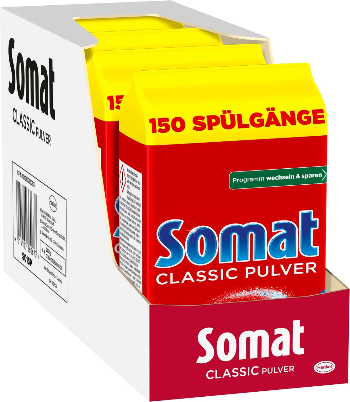 Somat Classic Pulver, Spülmaschinenreiniger für die tägliche Reinigung, entfernt hartnäckigste Flecken bei jeden Spülgang, schonend für die Umwelt, 4x 2,4 kg