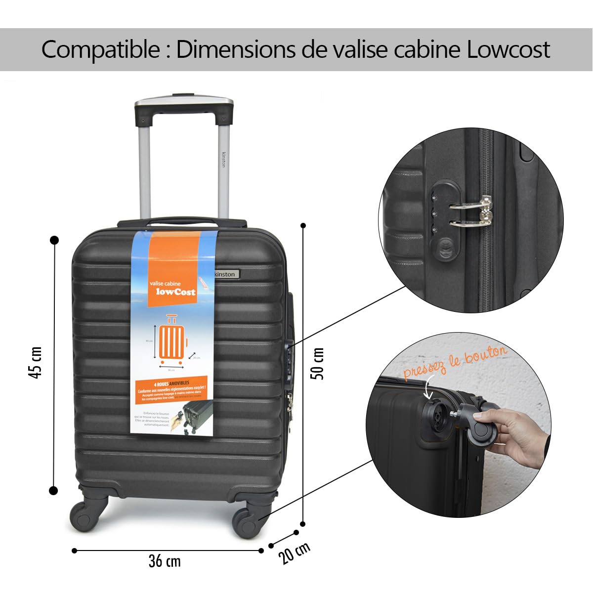KINSTON Maleta de Cabina para EasyJet 4 Ruedas Desmontables Tamaño LowCost - Equipaje de Mano Ligero y Duradero, Ruedas Giratorias Extraíbles - Negro