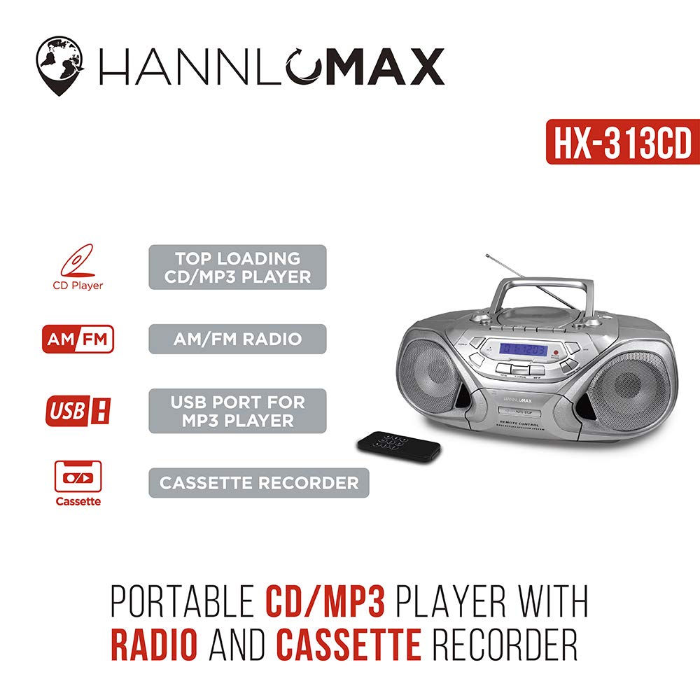 HANNLOMAX HX313CD Portable CD/MP3 Player, Cassette Recorder, AM/FM