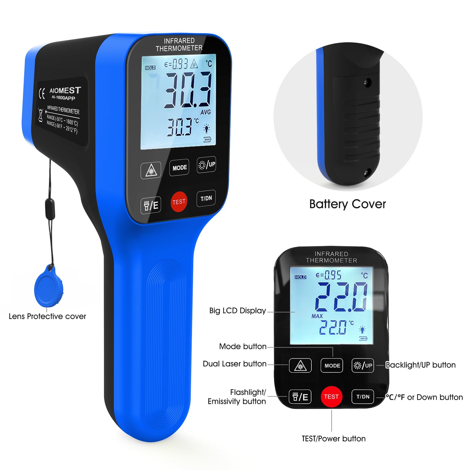 Termómetro Infrarrojo Bluetooth 30:1 - AIOMEST Termómetro Láser Profesional Temperature Gun con Doble Láser hasta 1600°C con Alarma y Registro de Datos para HVAC, Hornos, Metalurgia y Hornos Pizza