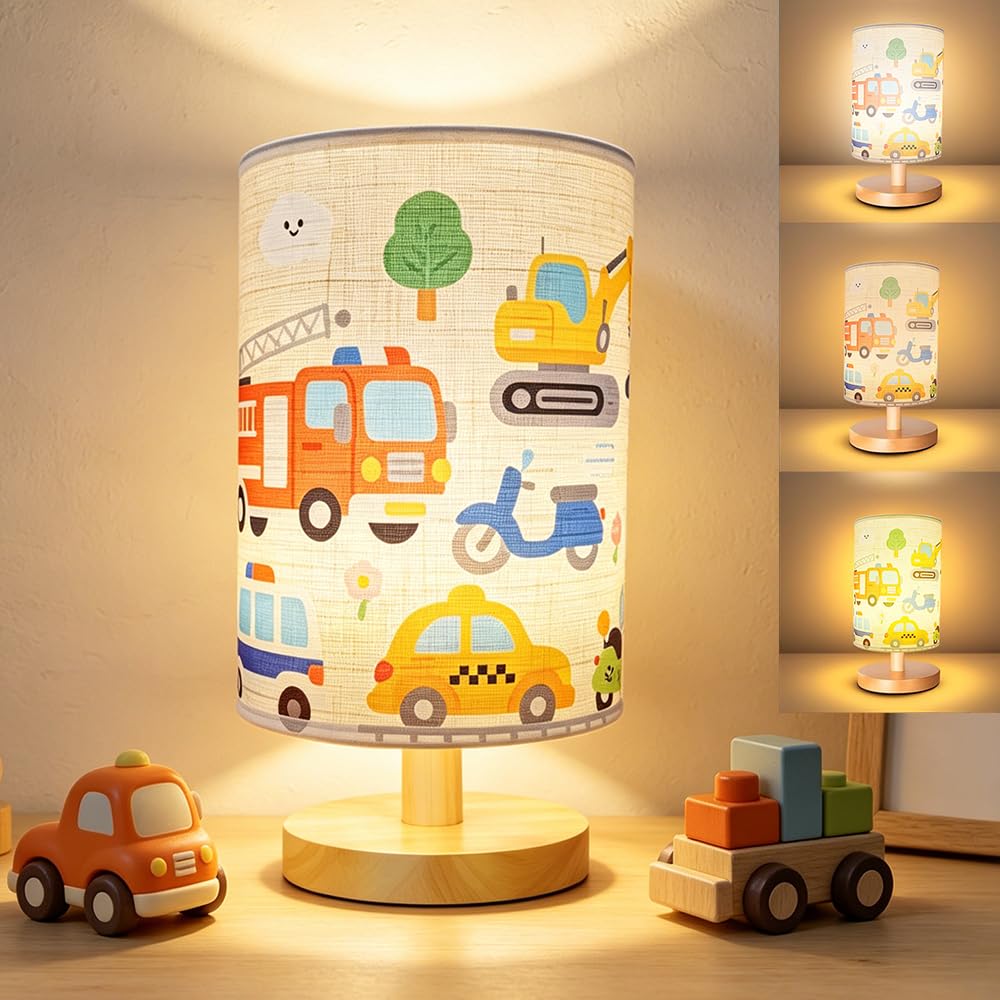 Peldris Car Kids Lamp, Car Kids Bedside Lamp with 3 Colour Light Modes, Solid Wood Base with Linen Fabric Shade, Kids Lamp for Bedroom & Living Room, Lamp Gifts for Girls