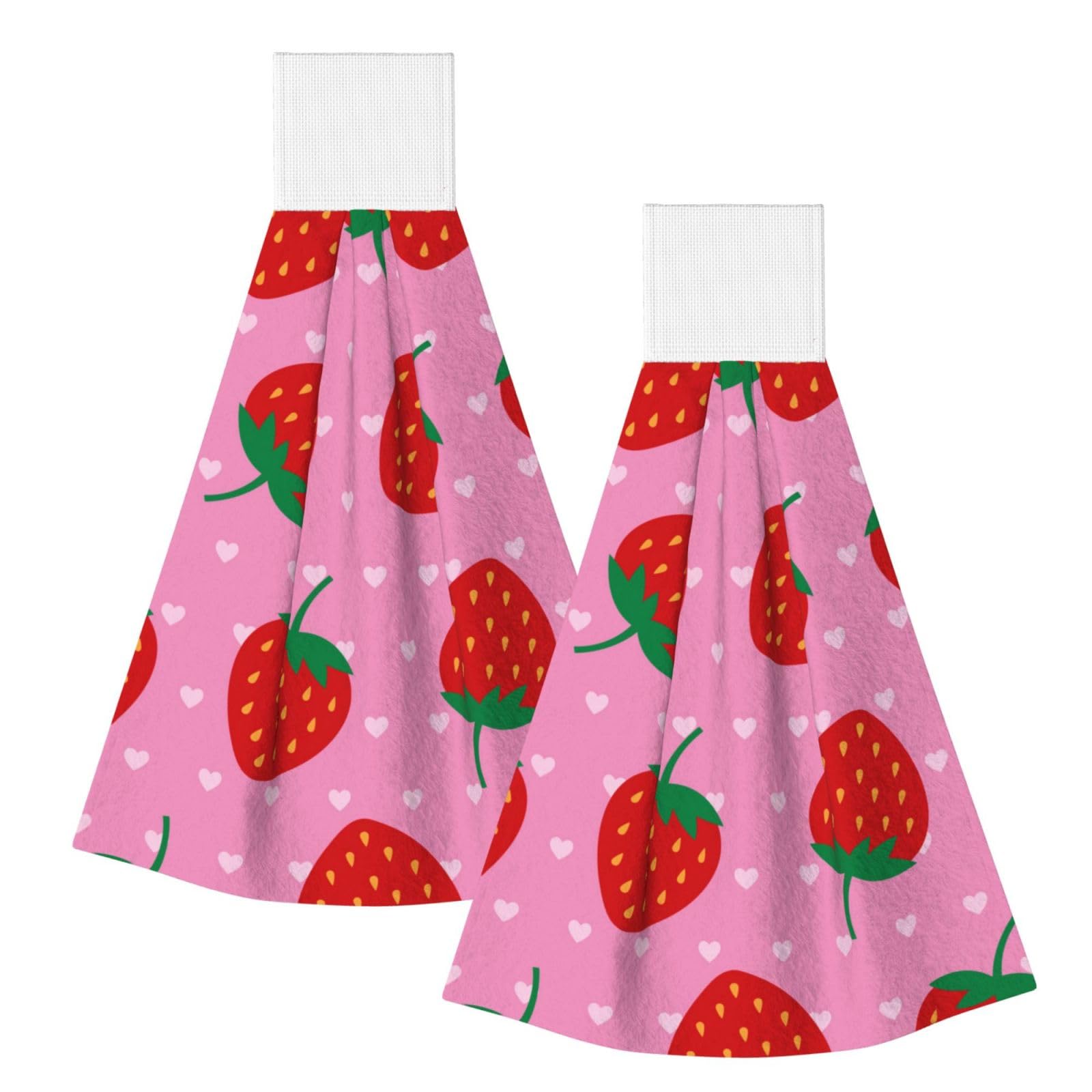 DOPKLNA Strawberries Heart, 2 Pcs Hanging Coral Fiber Hand Towels for Bathroom, Absorbent Kitchen Towels