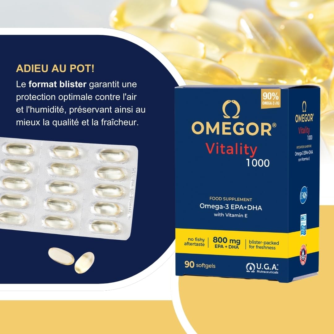 Omegor Vitality 1000 - Supplément avec 1000 mg d'oméga 3 - vitamine E - Pour votre cœur et votre cerveau - Concentration d'oméga 3 à 90% - 5-Star Certificat IFOS - Huile de poisson pure - 150 gélules