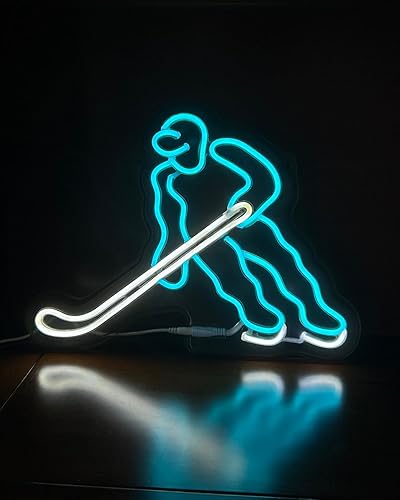 Letrero luminoso de jugador de hockey sobre hielo de neón, 15 x 11 pulgadas, decoración de hockey regulable para entusiastas, decoración de hockey