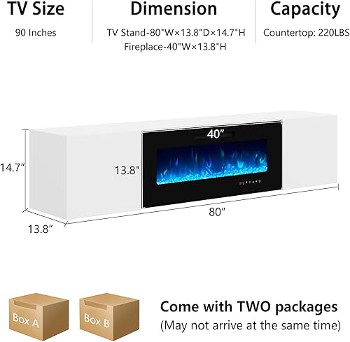 Miniatura 6 de AMERLIFE Soporte flotante de TV con chimenea, centro de entretenimiento con espejo montado en la pared con chimenea eléctrica de 40 pulgadas,