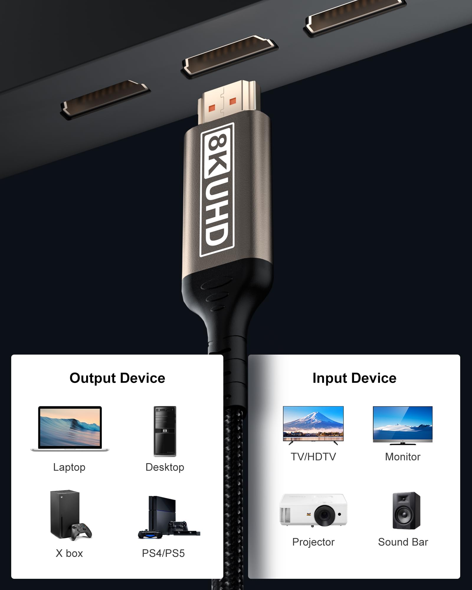 Cable HDMI largo 8K de 20 pies, cable HDMI 2.1 de alta velocidad de 48 Gbps, 8K @60Hz, 4K a 120Hz/144Hz, eARC HDR HDCP 2.2 y 2.3 cable HDMI compatible con TV/portátil/monitor/PS5/X-box