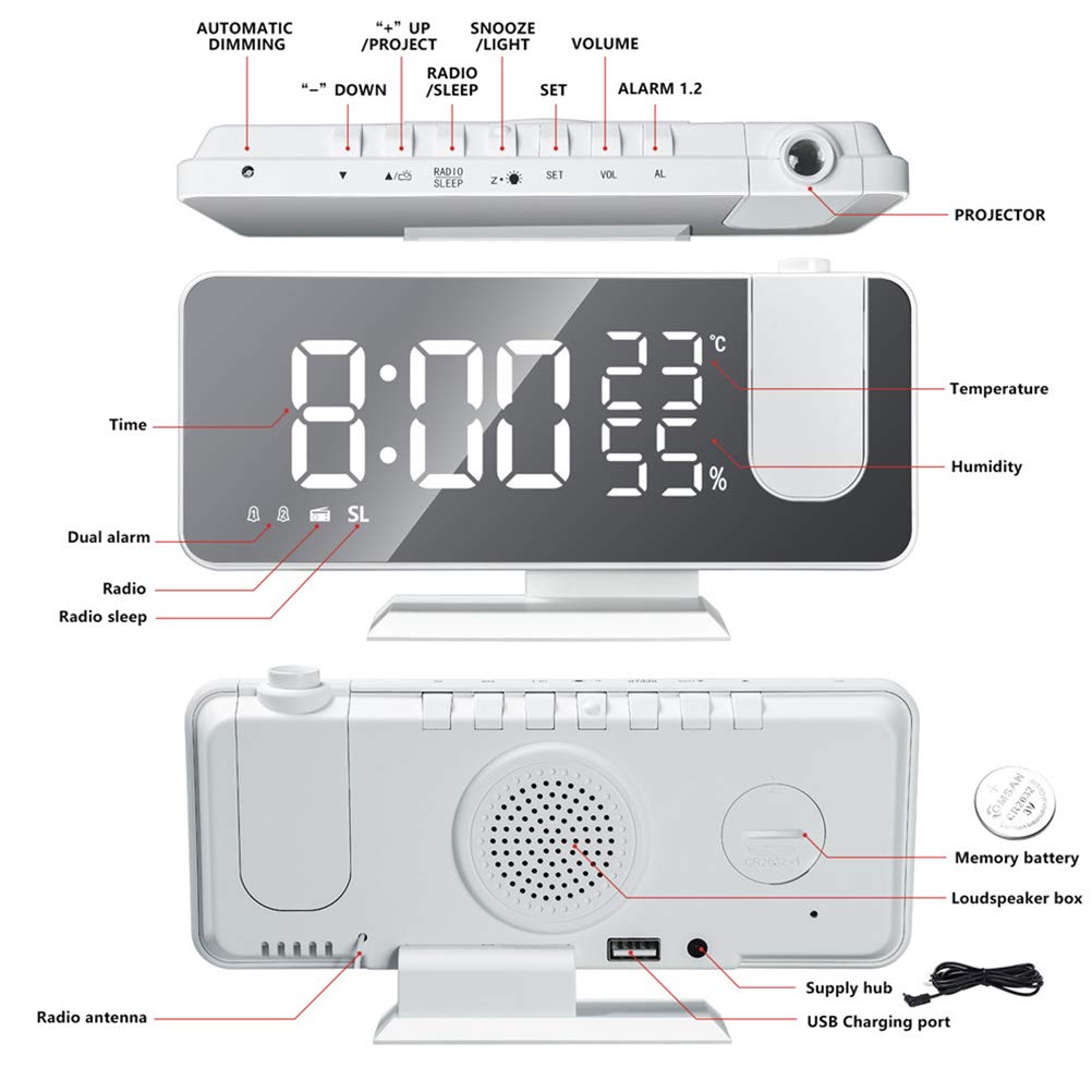 Sveglia Digitale, Radio Sveglia proiettore, Sveglia a Specchio alla Moda con Doppio Allarme, 4 luminosità dello Schermo Regolabile, 8 Display, Rotazione di 180°, Cavo USB da 1,5 m, Radio FM