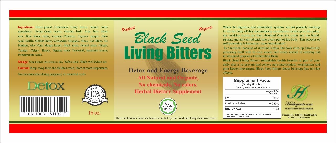 HERBOGANIC Black Seed Living Bitter 16oz Pack of 1 - Natural Blend of Black Seed, Fennel Seed, Cinnamon and Fenugreek to Support Digestive Health
