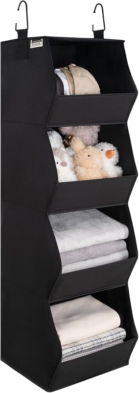 Basics Hanging Closet Organizer, 4-Shelf Wide Trapezoid Closet Shelves with Reinforced Anti-Sagging Support for Sweaters, Hoodies and Handbags, Foldable Storage Organizer, Black